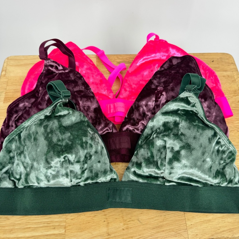 VS PINK Velvet Bralette Bundle Set of 3 Pink Green Purple XL Wireless Triangle